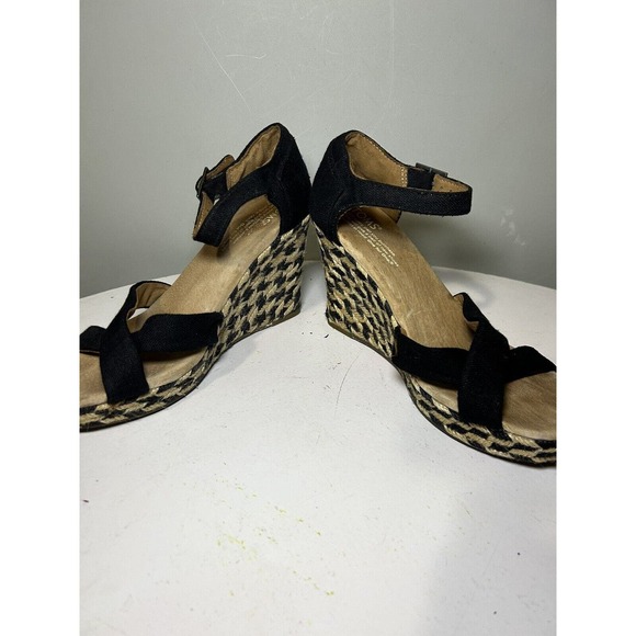 Toms Espadrille black ivory burlap platform wedge sandals Women’s Size 7 - Picture 3 of 7